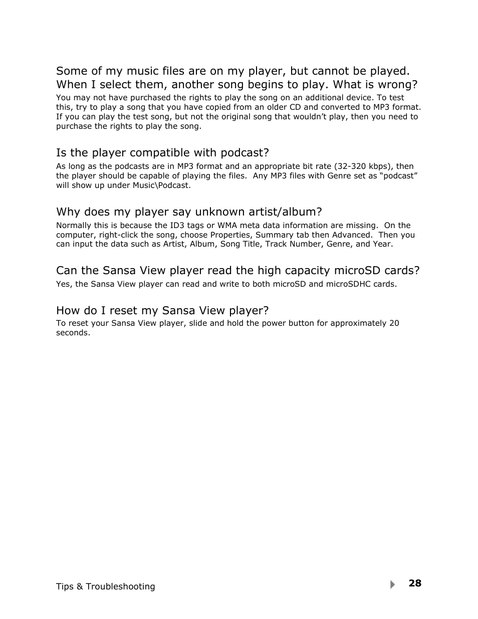 Is the player compatible with podcast, Why does my player say unknown artist/album, How do i reset my sansa view player | SanDisk View User Manual | Page 30 / 34