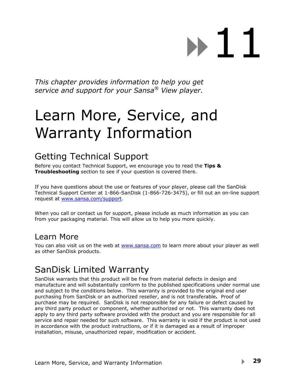 Learn more, service, and warranty information, Getting technical support, Sandisk limited warranty | SanDisk View User Manual | Page 31 / 34