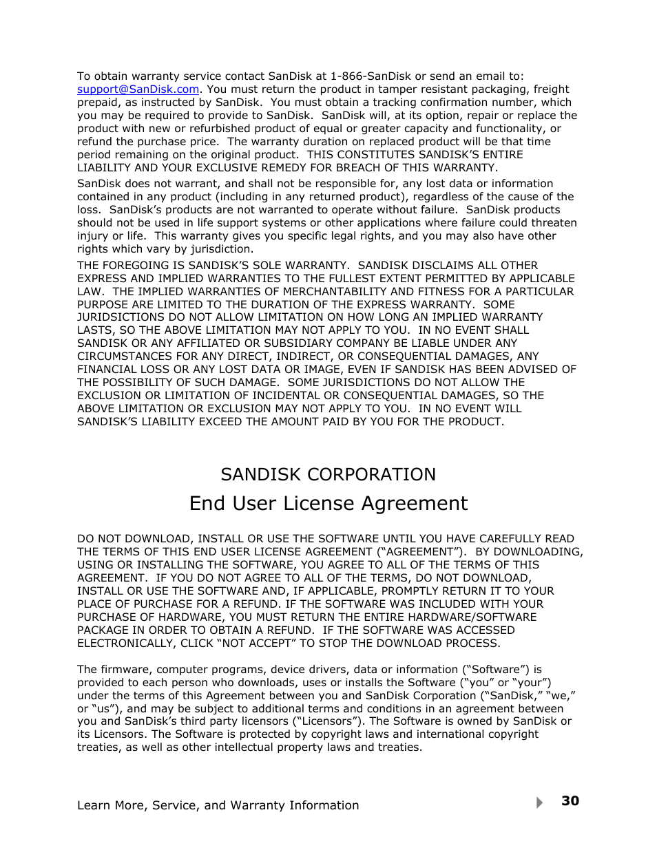 End user license agreement, Sandisk corporation | SanDisk View User Manual | Page 32 / 34