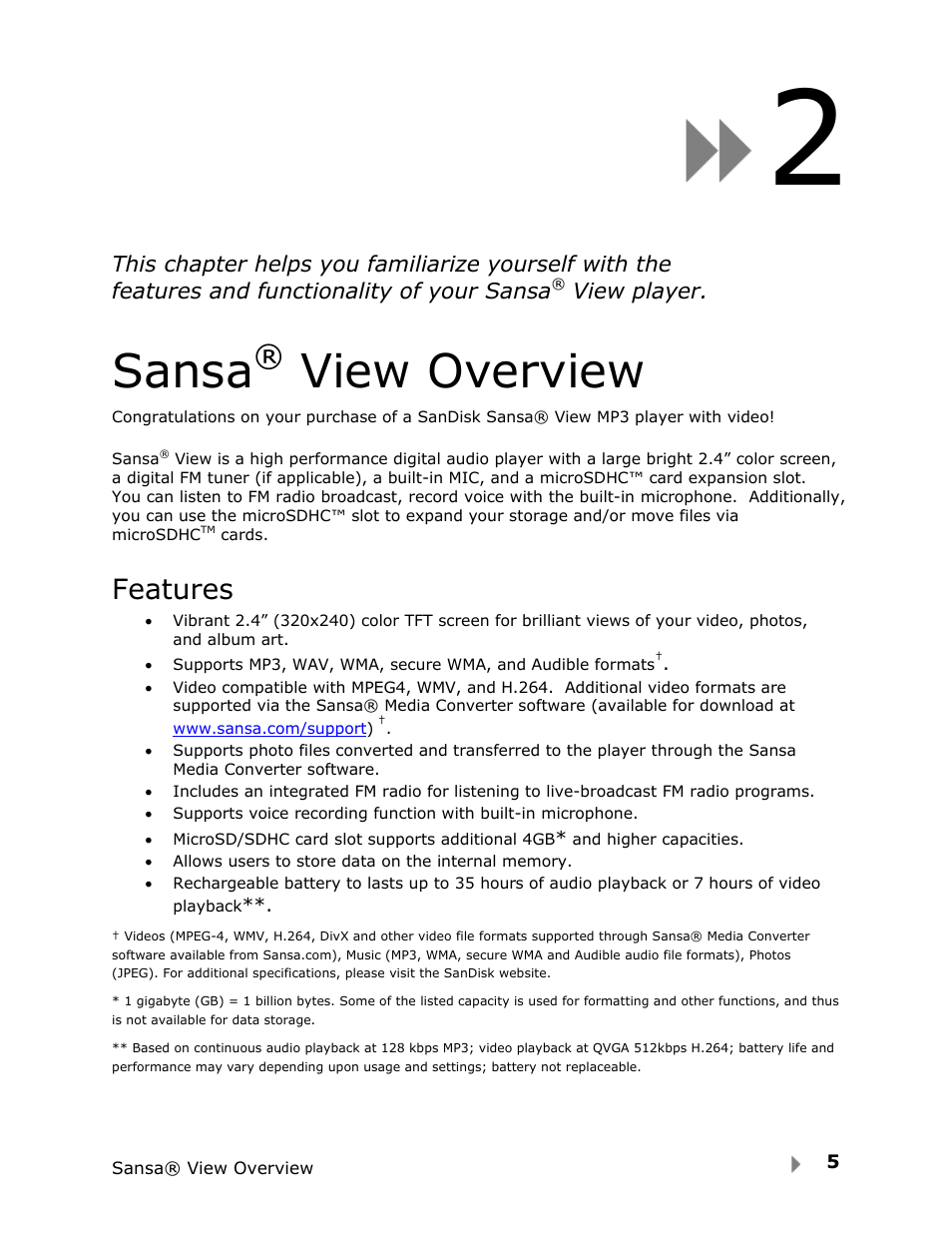 Sansa, View overview, Features | SanDisk View User Manual | Page 7 / 34