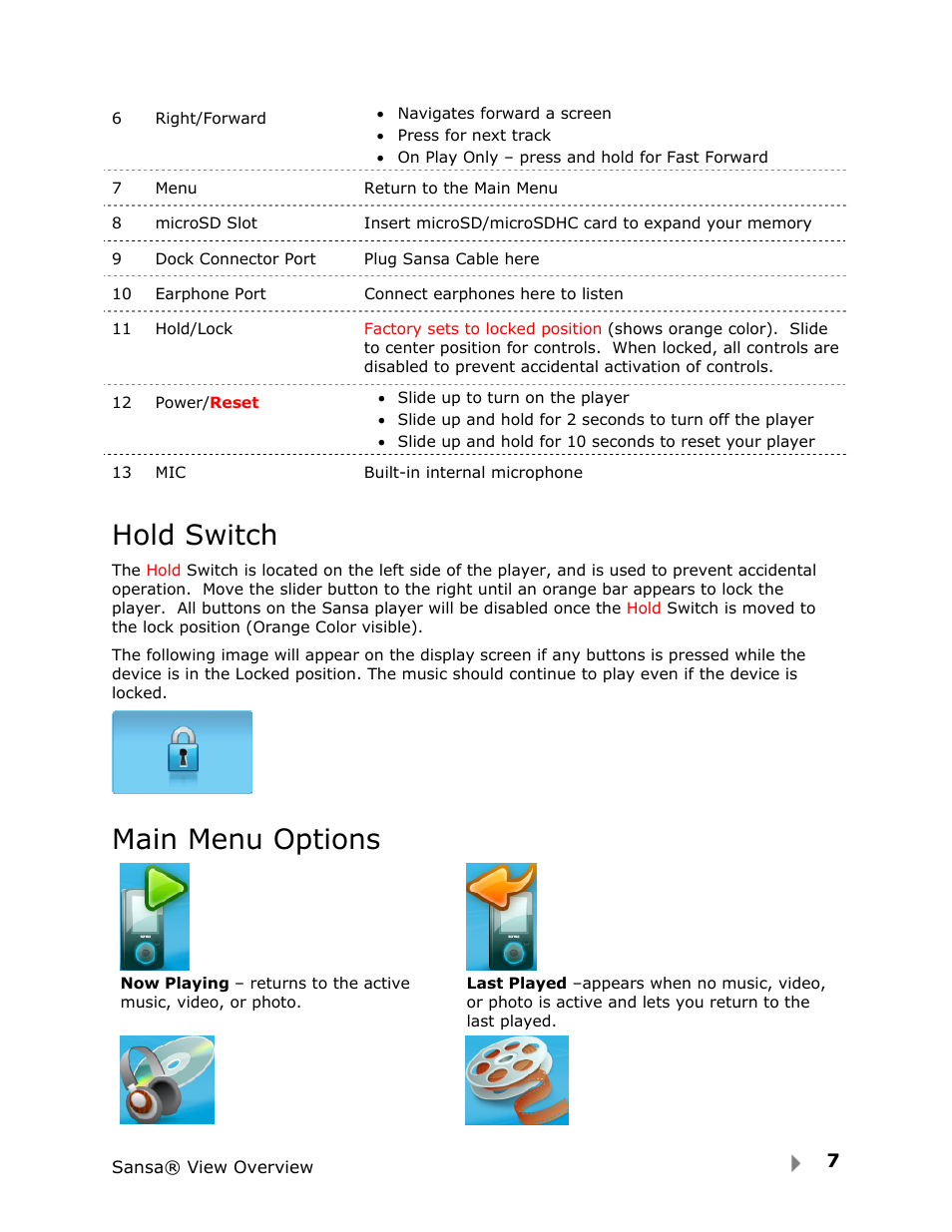 Hold switch, Main menu options | SanDisk View User Manual | Page 9 / 34