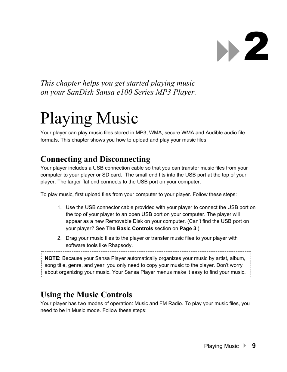 Playing music, Connecting and disconnecting, Using the music controls | Playing music 9 | SanDisk Sansa e100 Series User Manual | Page 10 / 32