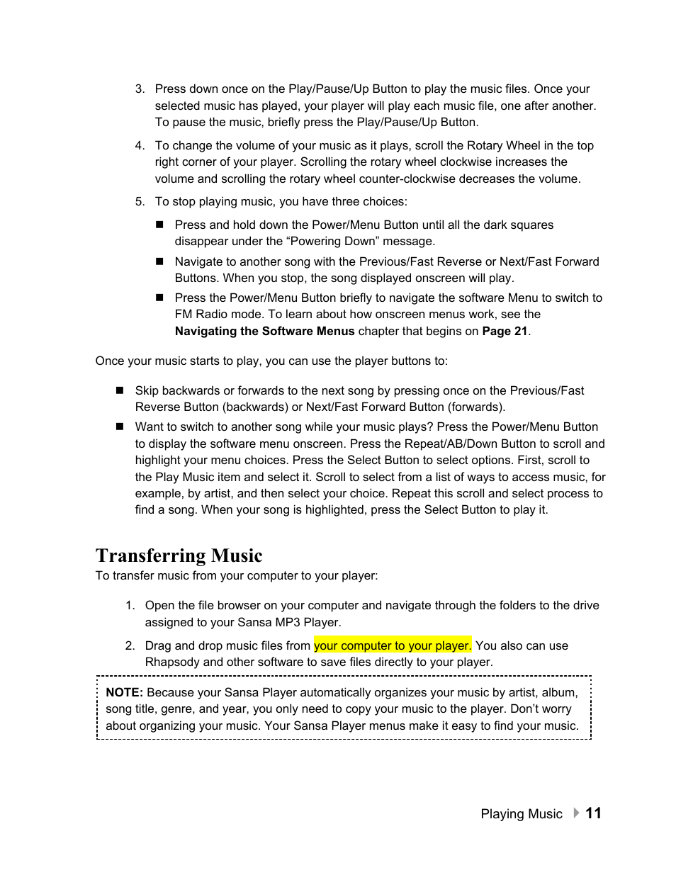 Transferring music, Transferring music 11 | SanDisk Sansa e100 Series User Manual | Page 12 / 32