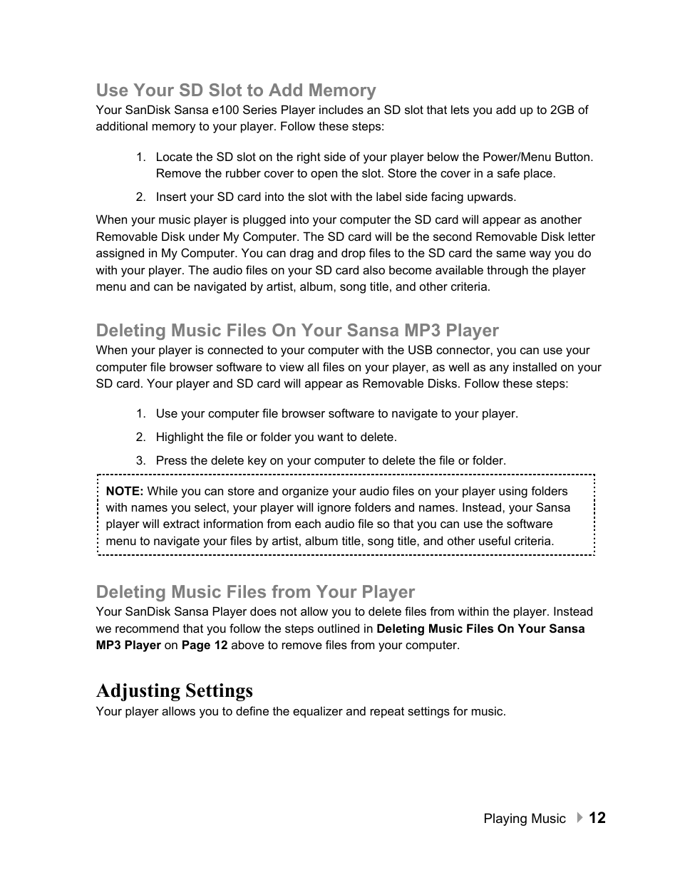 Use your sd slot to add memory, Deleting music files on your sansa mp3 player, Deleting music files from your player | Adjusting settings, Adjusting settings 12 | SanDisk Sansa e100 Series User Manual | Page 13 / 32