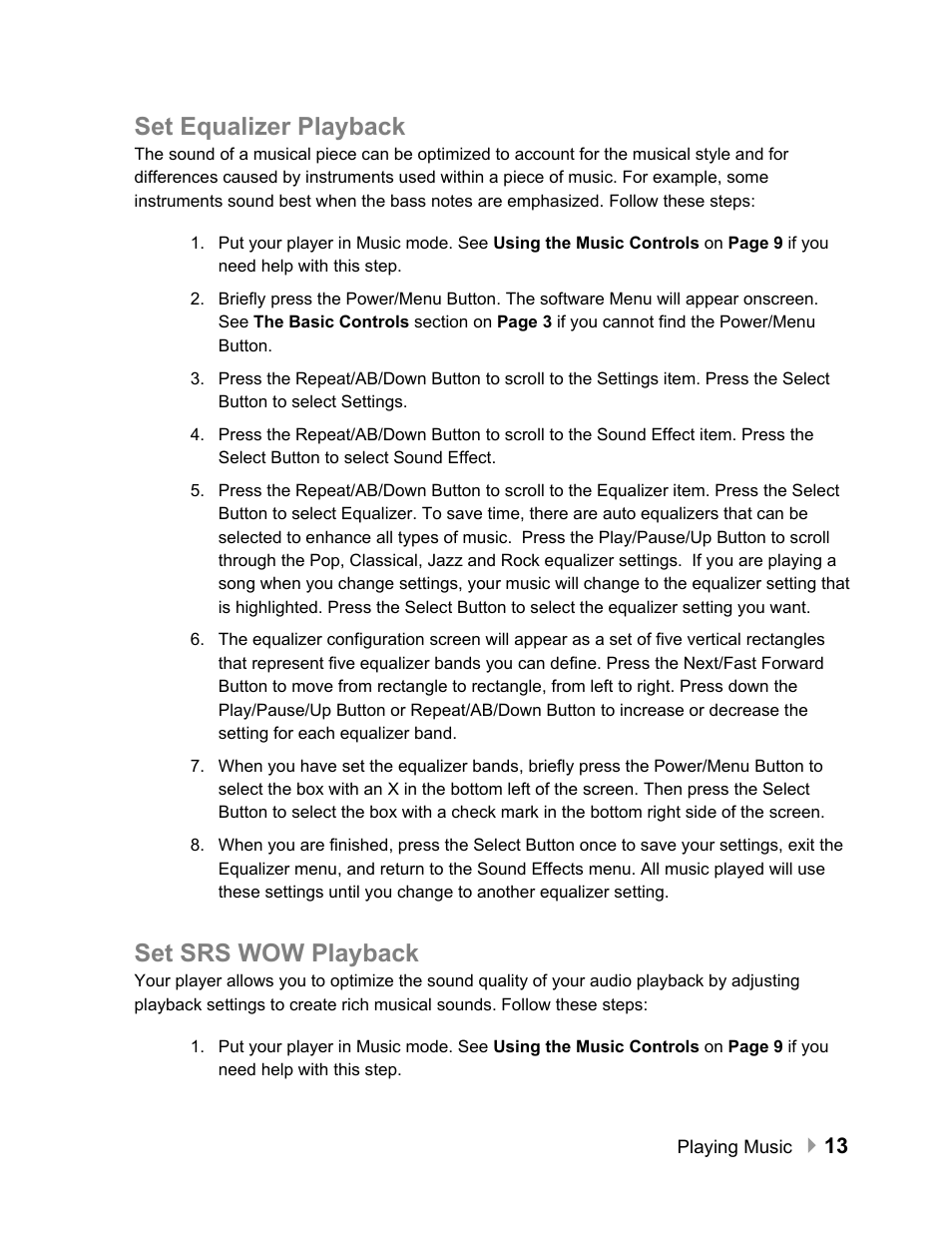 Set equalizer playback, Set srs wow playback | SanDisk Sansa e100 Series User Manual | Page 14 / 32