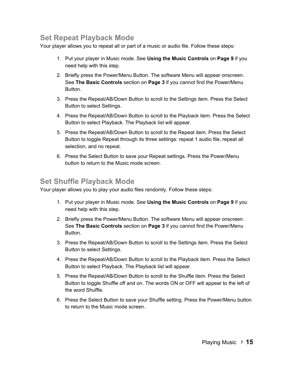 Set repeat playback mode, Set shuffle playback mode | SanDisk Sansa e100 Series User Manual | Page 16 / 32