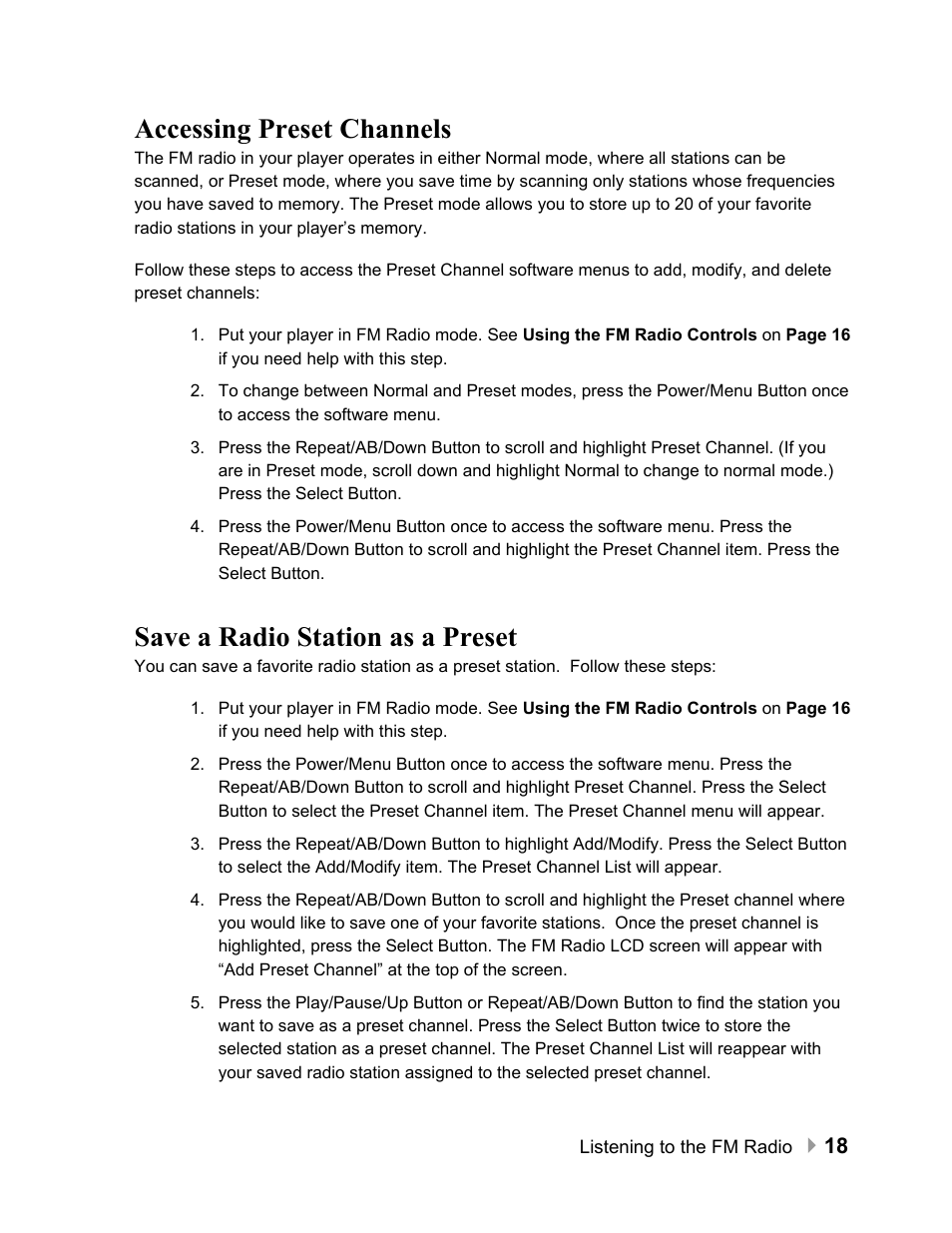 Accessing preset channels, Save a radio station as a preset | SanDisk Sansa e100 Series User Manual | Page 19 / 32