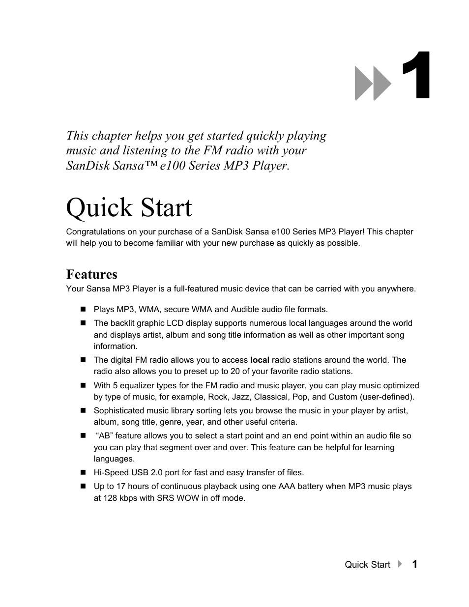 Quick start, Features, Quick start 1 | Features 1 | SanDisk Sansa e100 Series User Manual | Page 2 / 32