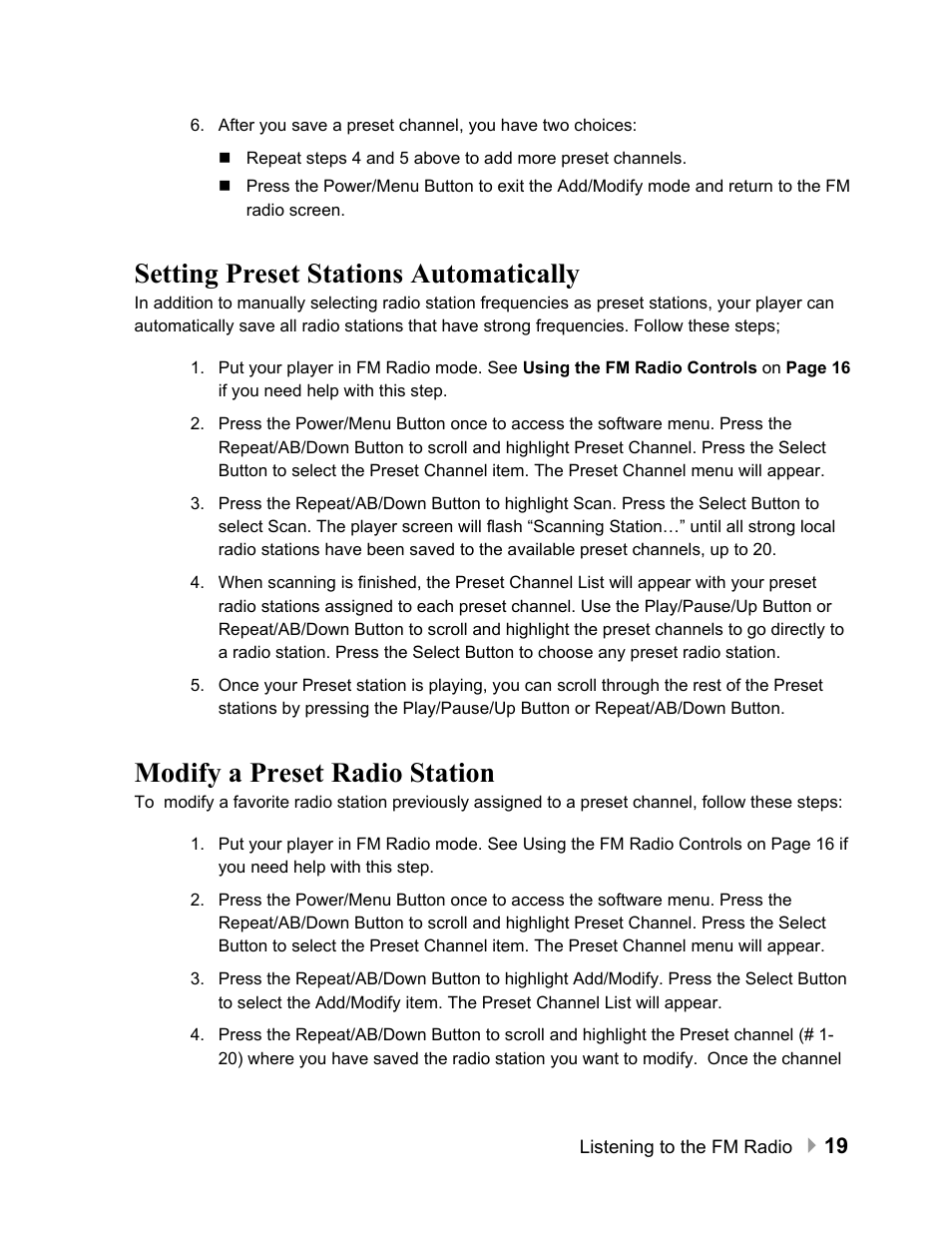 Setting preset stations automatically, Modify a preset radio station | SanDisk Sansa e100 Series User Manual | Page 20 / 32
