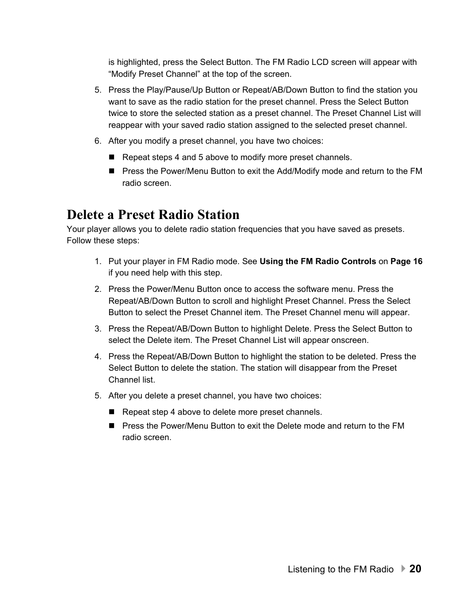 Delete a preset radio station, Delete a preset radio station 20 | SanDisk Sansa e100 Series User Manual | Page 21 / 32