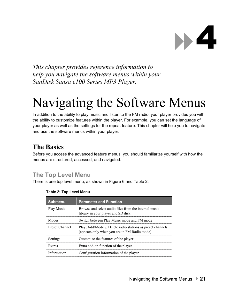 Navigating the software menus, The basics, The top level menu | Navigating the software menus 21, The basics 21 | SanDisk Sansa e100 Series User Manual | Page 22 / 32