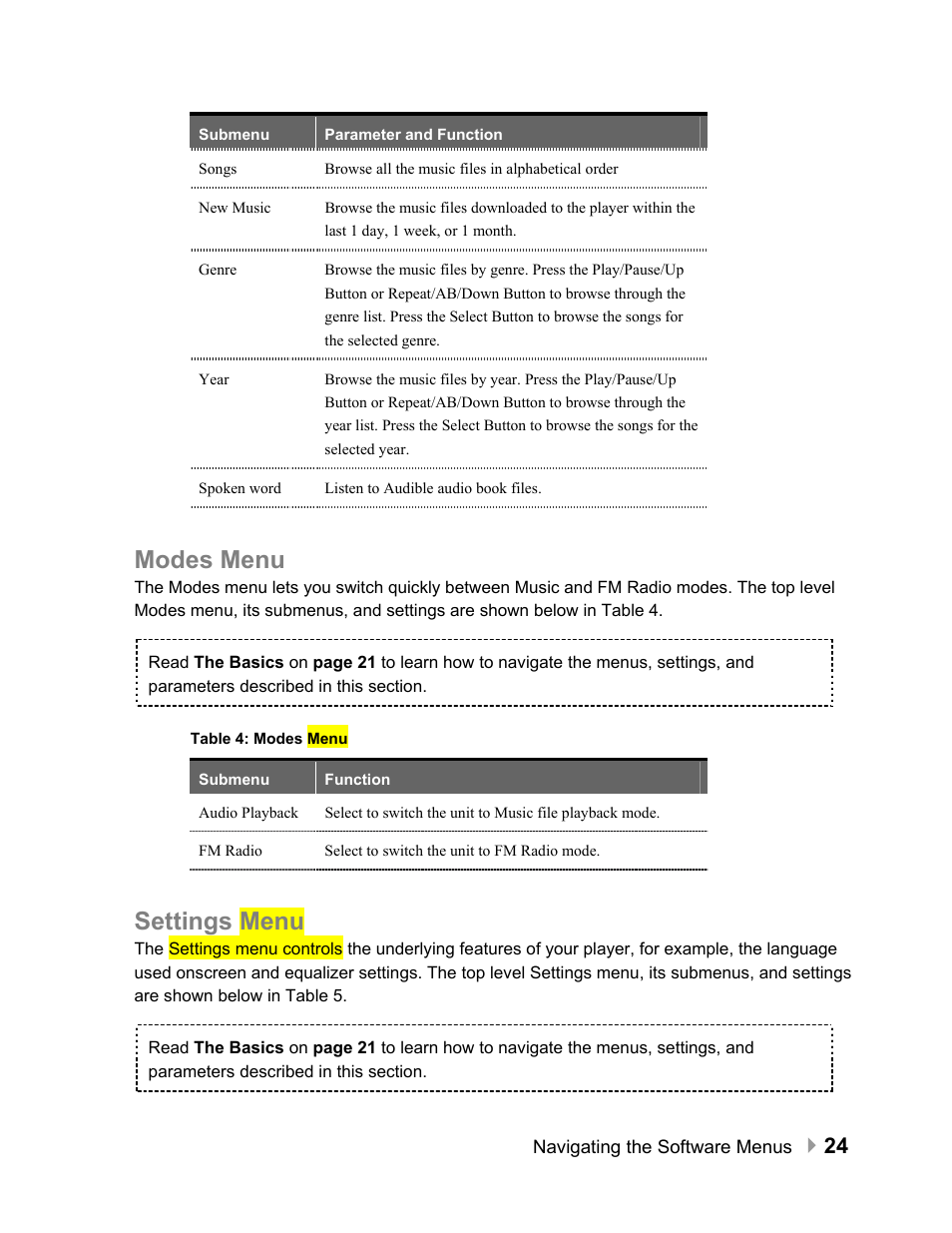 Modes menu, Settings menu | SanDisk Sansa e100 Series User Manual | Page 25 / 32