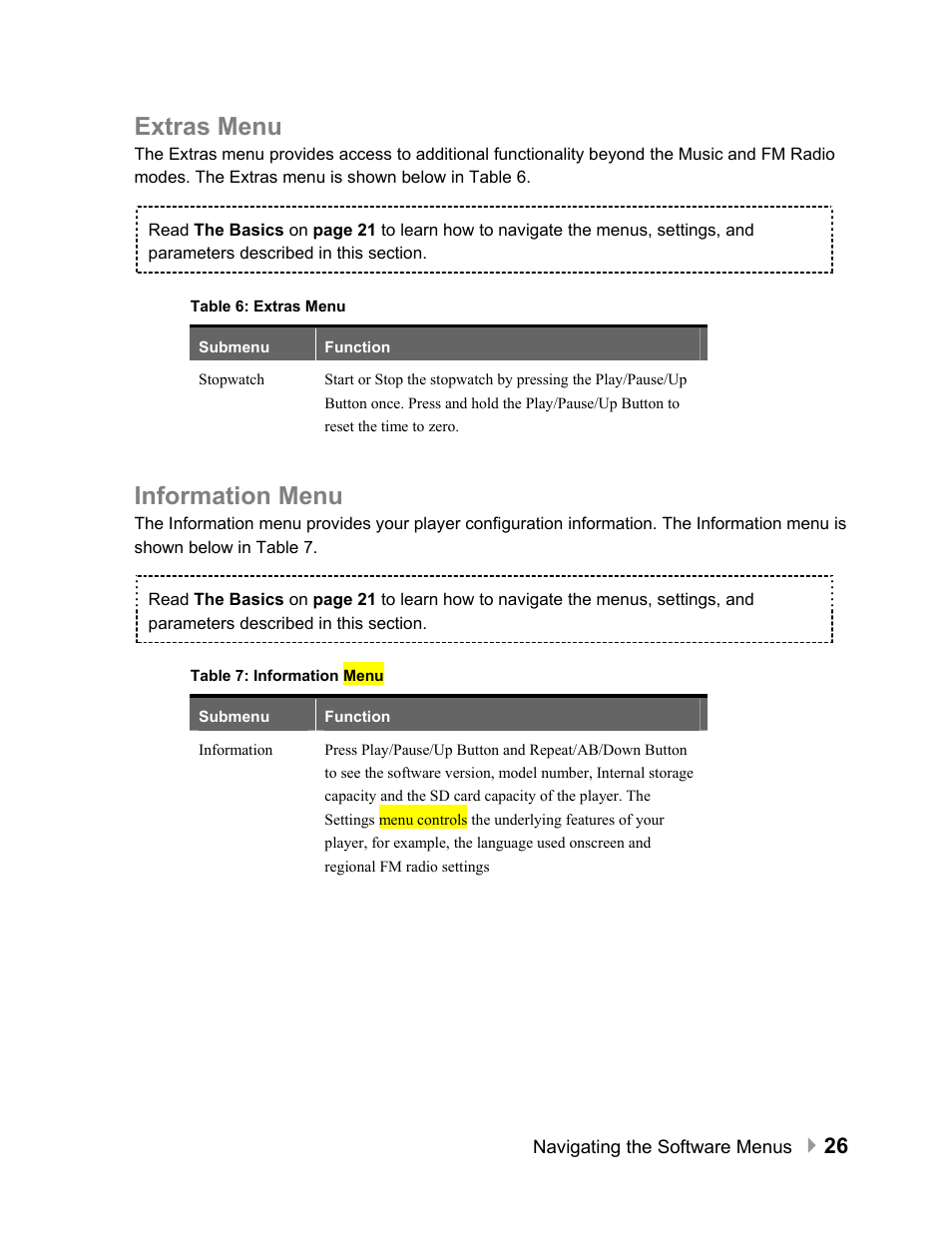 Extras menu, Information menu | SanDisk Sansa e100 Series User Manual | Page 27 / 32