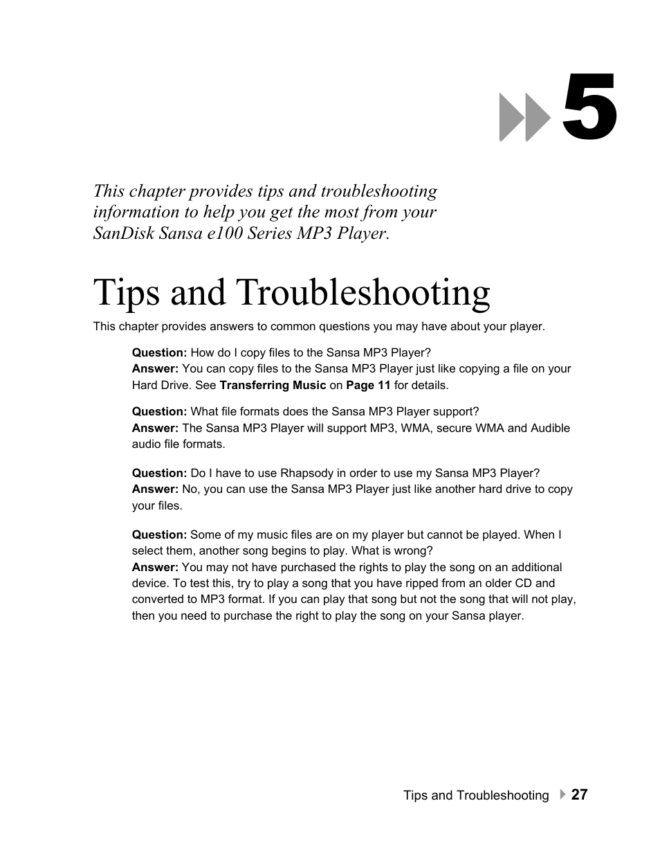 Tips and troubleshooting, Tips and troubleshooting 27 | SanDisk Sansa e100 Series User Manual | Page 28 / 32