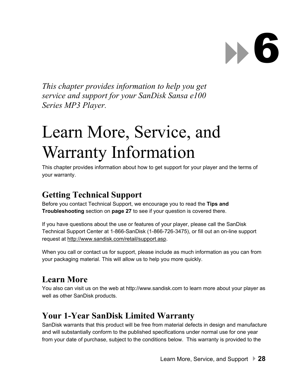Learn more, service, and warranty information, Getting technical support, Learn more | Your 1-year sandisk limited warranty, Learn more, service, and warranty information 28 | SanDisk Sansa e100 Series User Manual | Page 29 / 32
