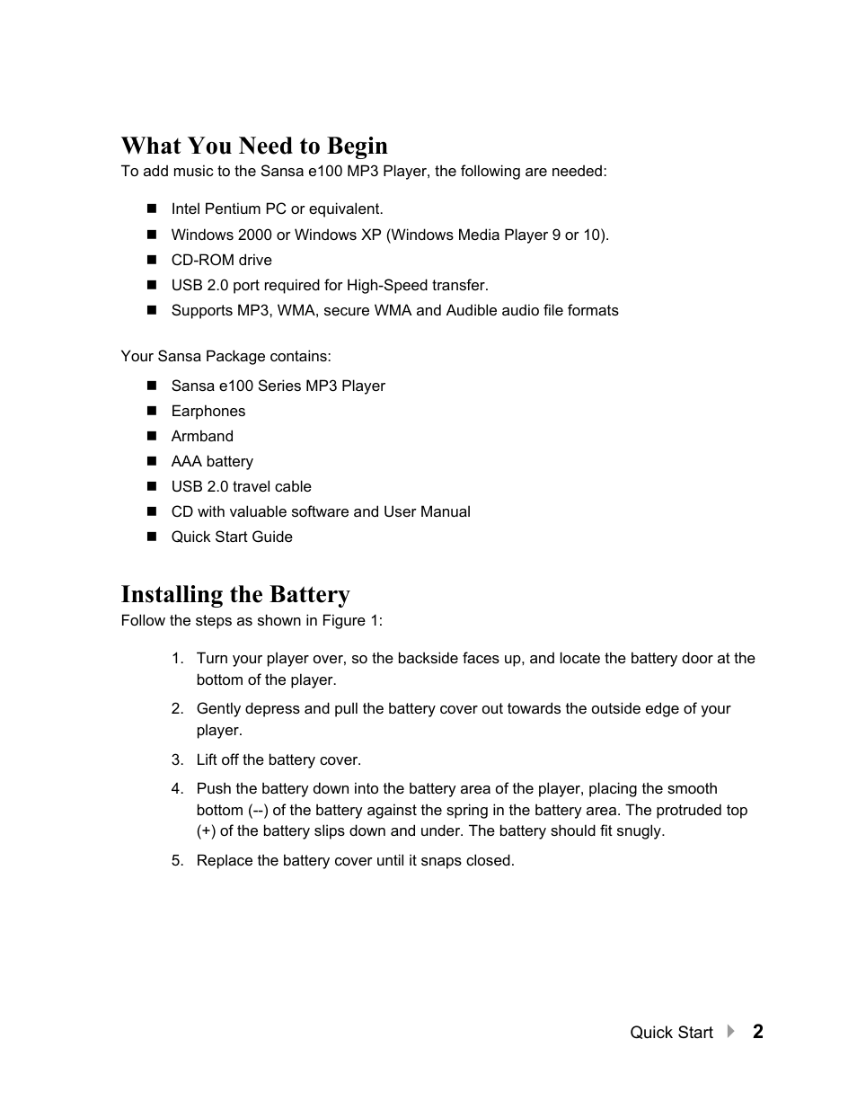 What you need to begin, Installing the battery, What you need to begin 2 installing the battery 2 | SanDisk Sansa e100 Series User Manual | Page 3 / 32