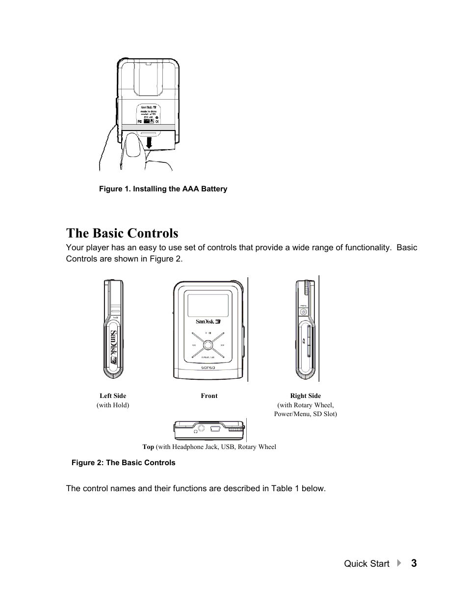 The basic controls, The basic controls 3 | SanDisk Sansa e100 Series User Manual | Page 4 / 32