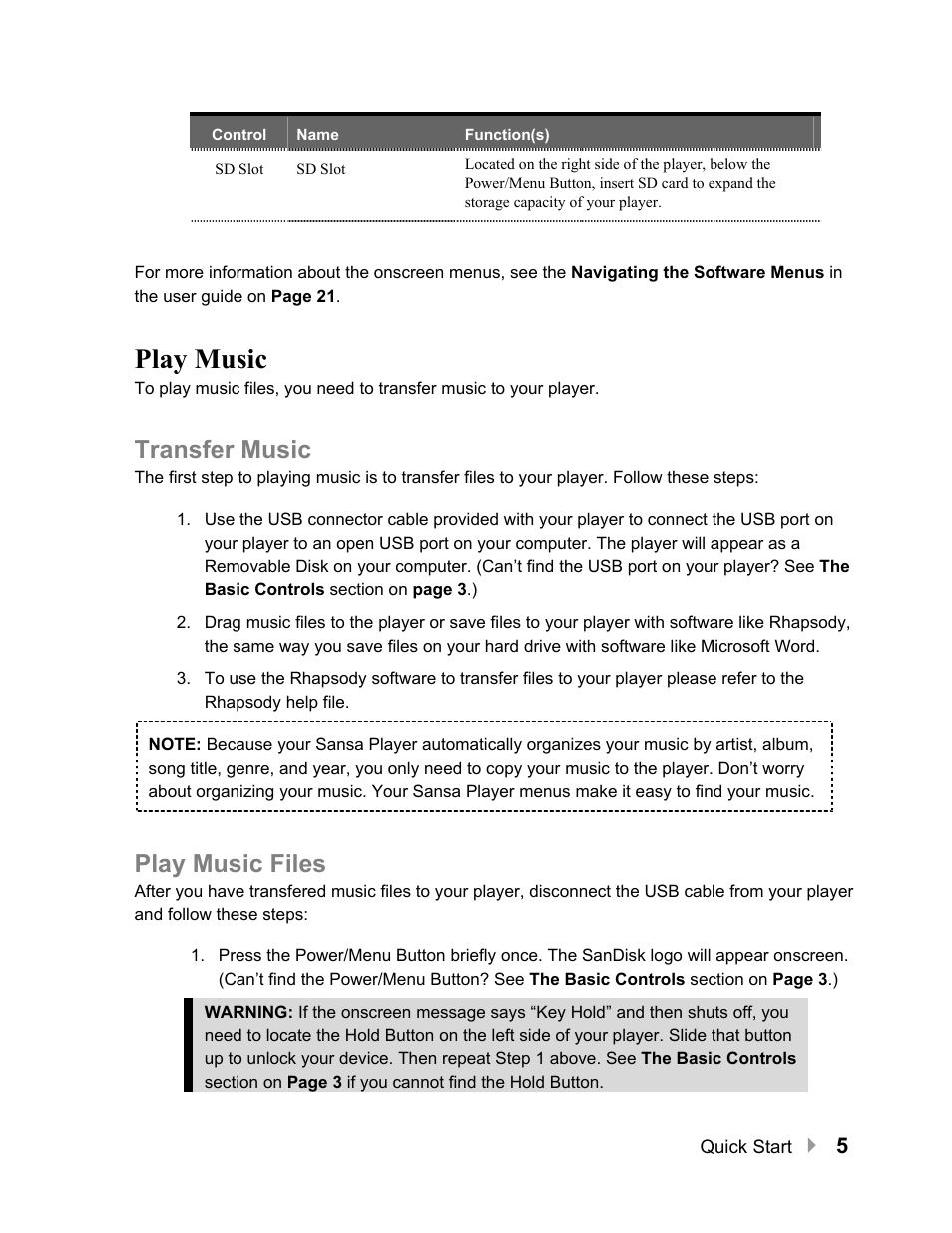 Play music, Transfer music, Play music files | Play music 5 | SanDisk Sansa e100 Series User Manual | Page 6 / 32