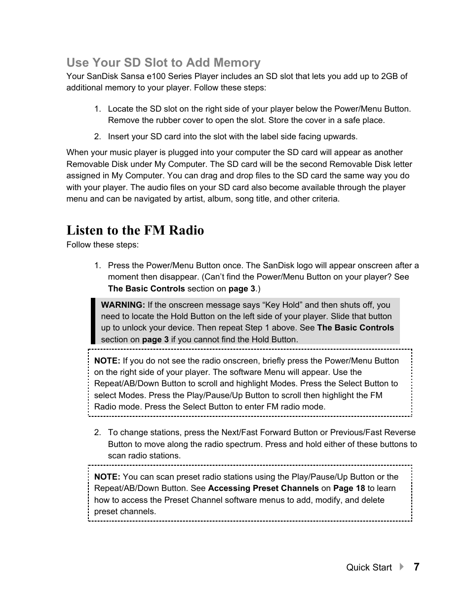 Use your sd slot to add memory, Listen to the fm radio, Listen to the fm radio 7 | SanDisk Sansa e100 Series User Manual | Page 8 / 32