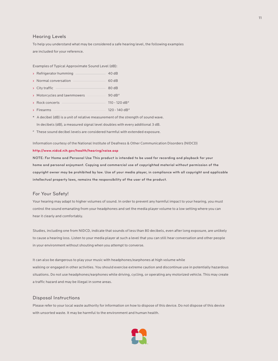 Hearing levels, For your safety, Disposal instructions | SanDisk Sansa SLOTMUSIC PLAYER-UM608-ENG User Manual | Page 11 / 15