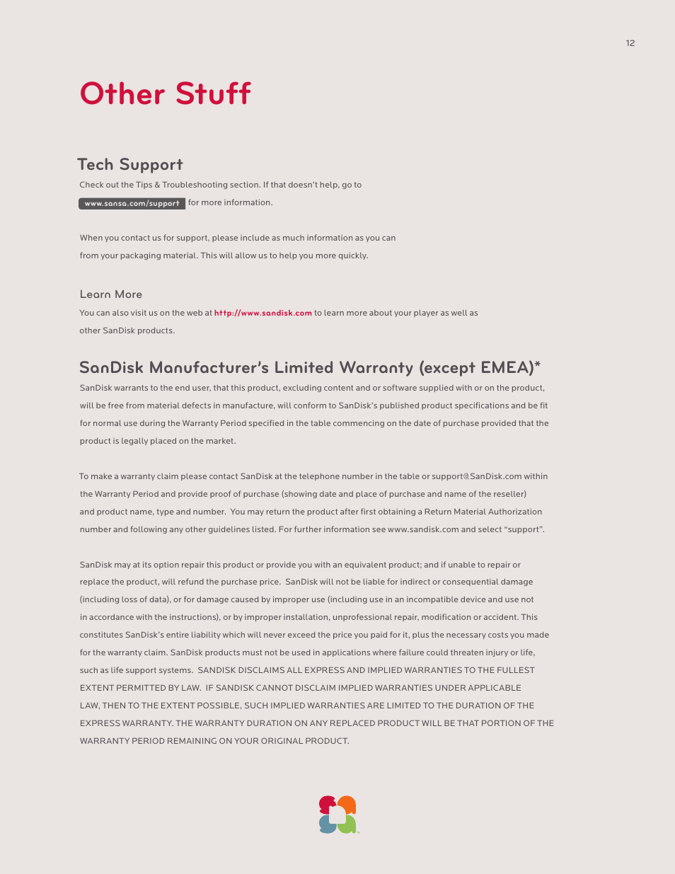 Other stuff, Tech support | SanDisk Sansa SLOTMUSIC PLAYER-UM608-ENG User Manual | Page 12 / 15