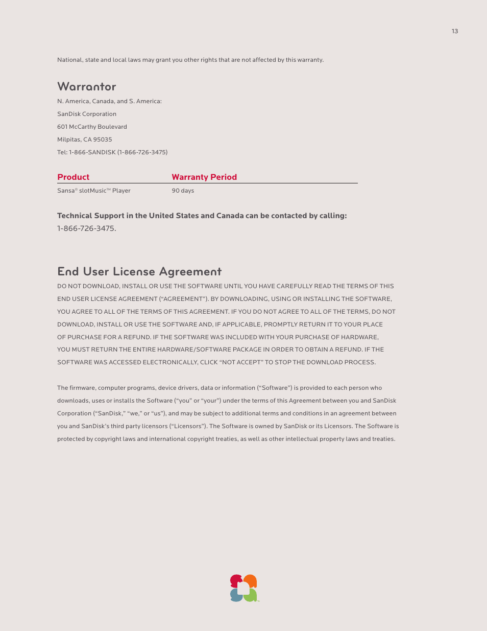 Warrantor, End user license agreement, Product warranty period | SanDisk Sansa SLOTMUSIC PLAYER-UM608-ENG User Manual | Page 13 / 15