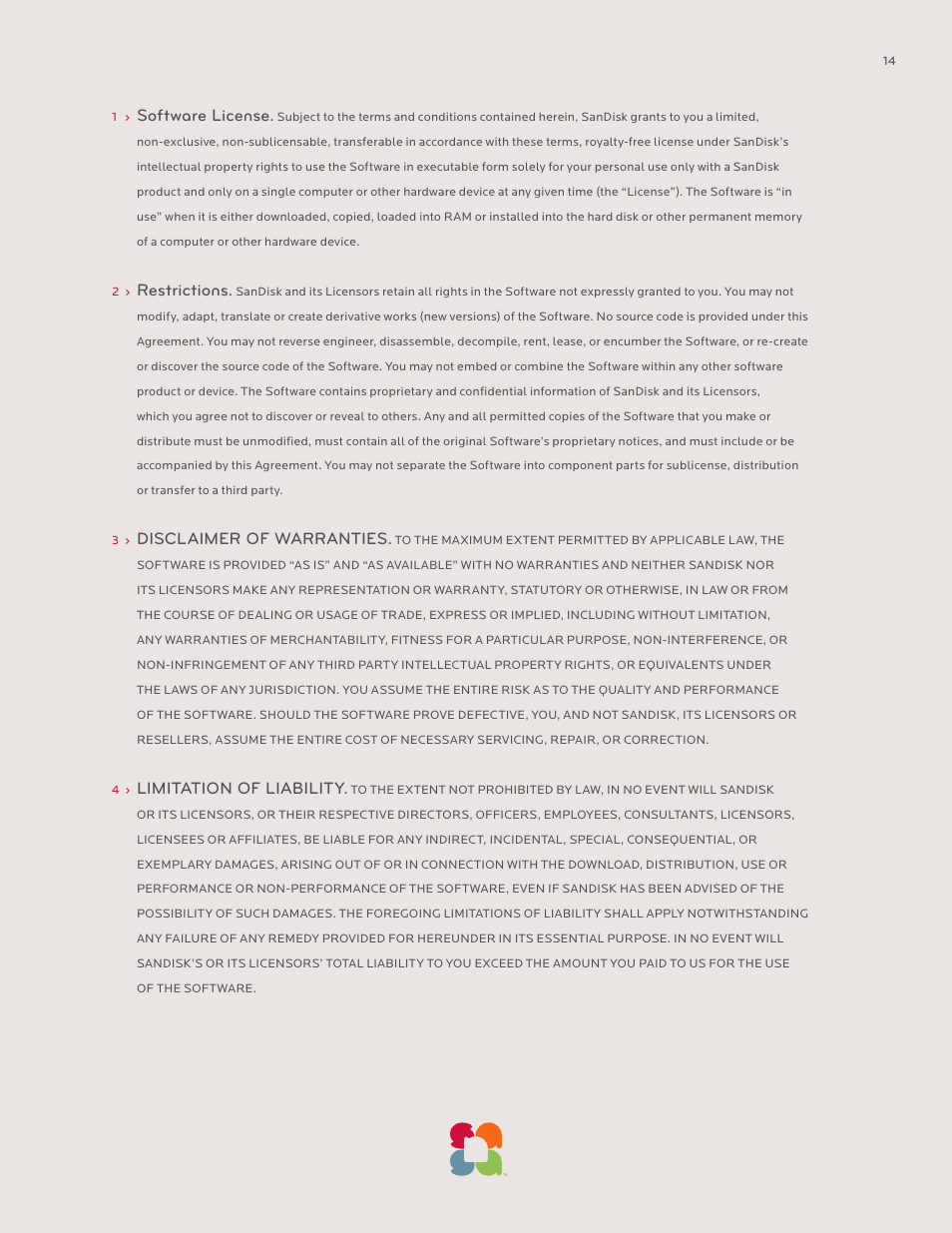 Software license, Restrictions, Disclaimer of warranties | Limitation of liability | SanDisk Sansa SLOTMUSIC PLAYER-UM608-ENG User Manual | Page 14 / 15