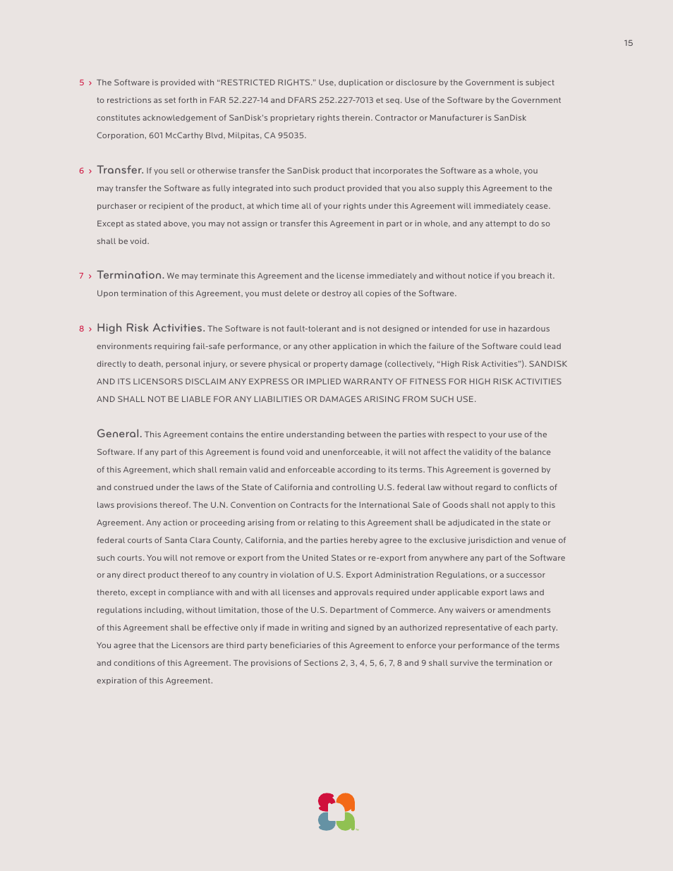 Transfer, Termination, High risk activities | General | SanDisk Sansa SLOTMUSIC PLAYER-UM608-ENG User Manual | Page 15 / 15