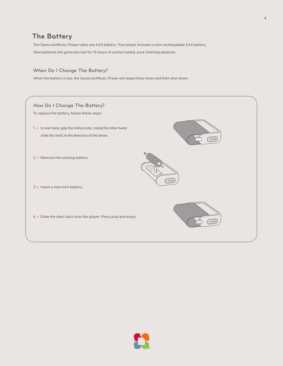 The battery, When do i change the battery, How do i change the battery | SanDisk Sansa SLOTMUSIC PLAYER-UM608-ENG User Manual | Page 4 / 15