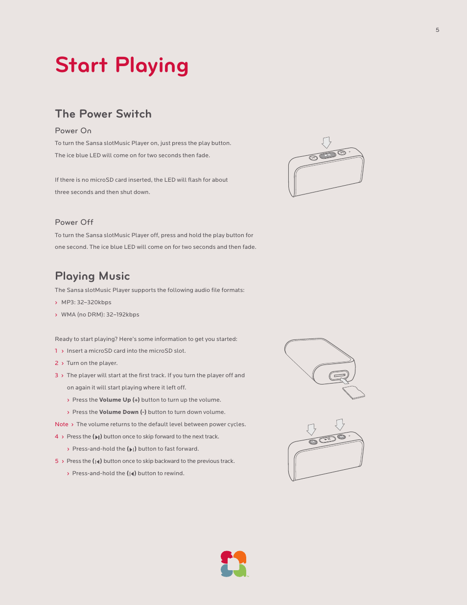 Start playing, The power switch, Playing music | Power on, Power off | SanDisk Sansa SLOTMUSIC PLAYER-UM608-ENG User Manual | Page 5 / 15