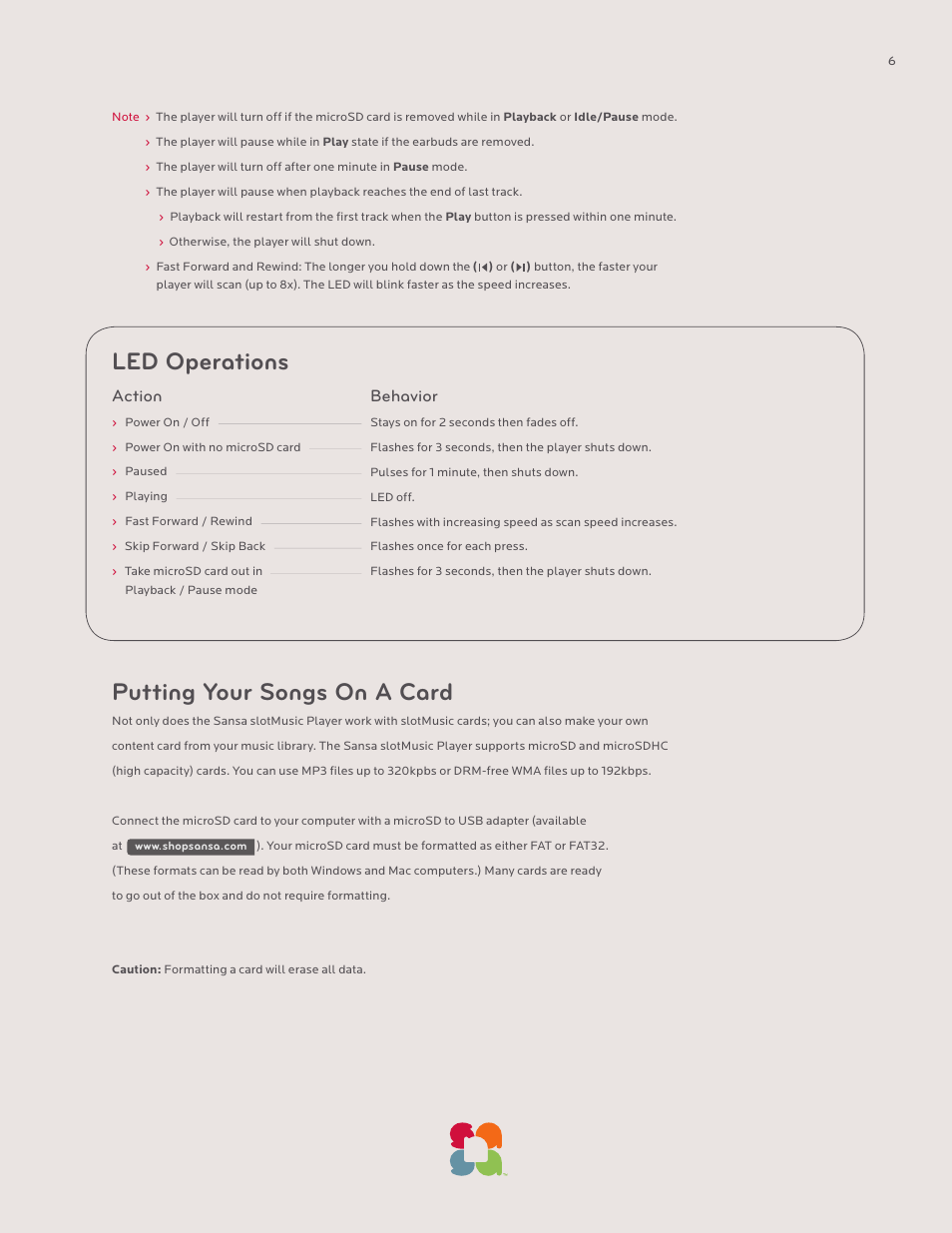 Led operations, Putting your songs on a card, Action | Behavior | SanDisk Sansa SLOTMUSIC PLAYER-UM608-ENG User Manual | Page 6 / 15