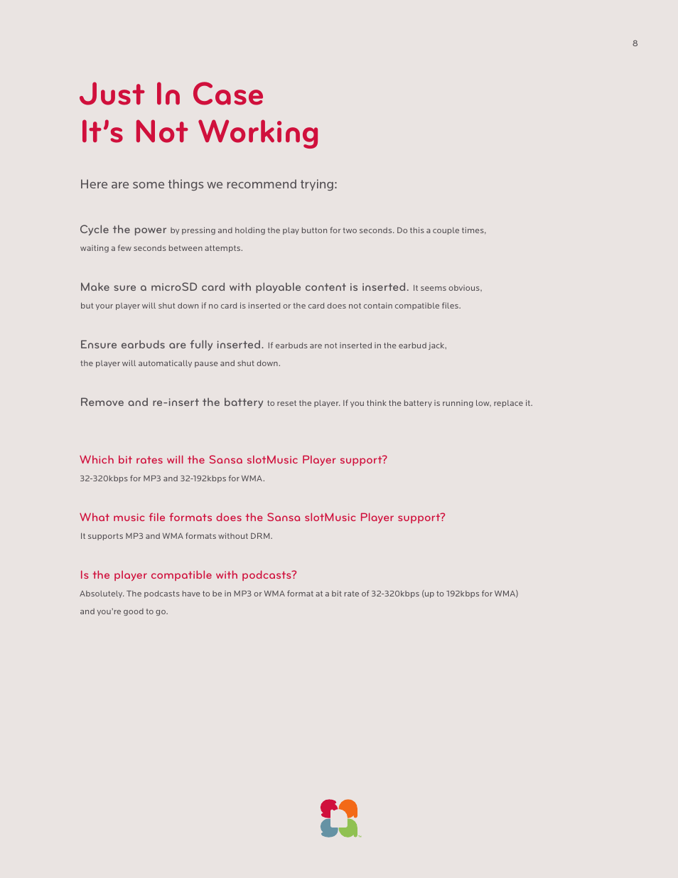 Just in case it’s not working | SanDisk Sansa SLOTMUSIC PLAYER-UM608-ENG User Manual | Page 8 / 15