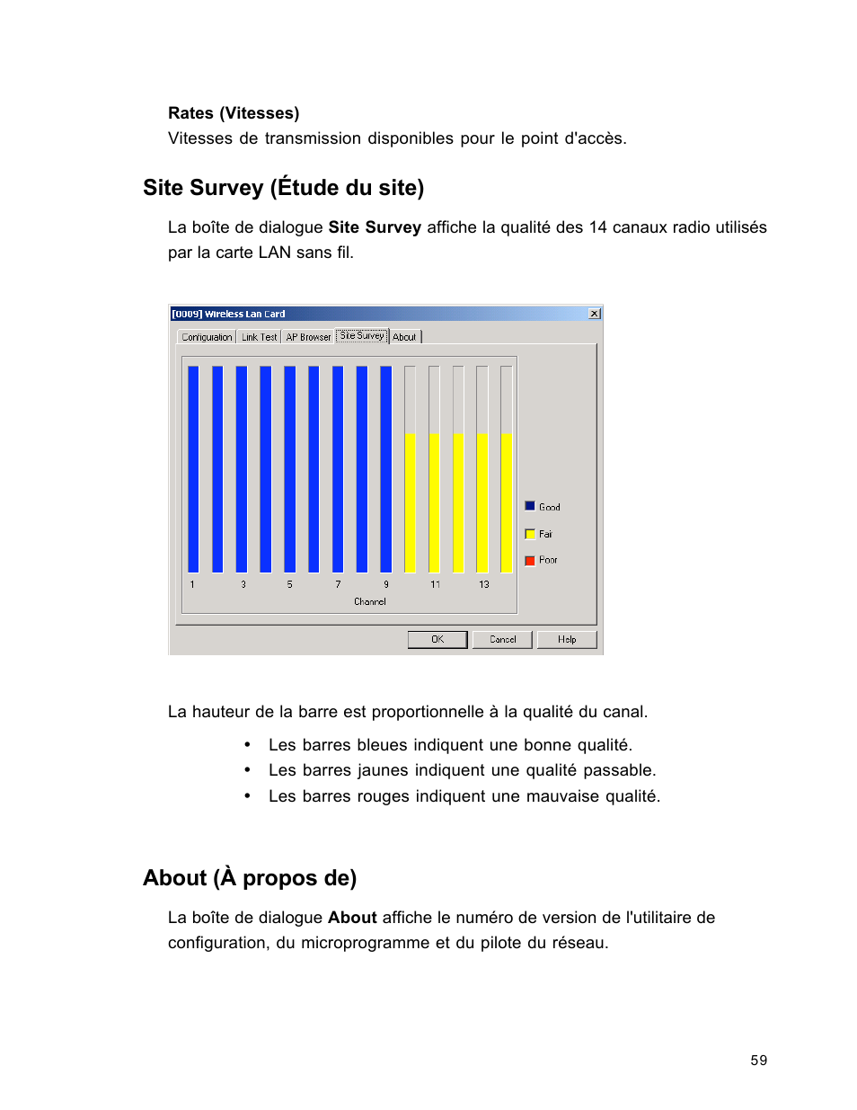 Site survey (étude du site), About (à propos de) | SanDisk Wireless LAN Card User Manual | Page 122 / 504
