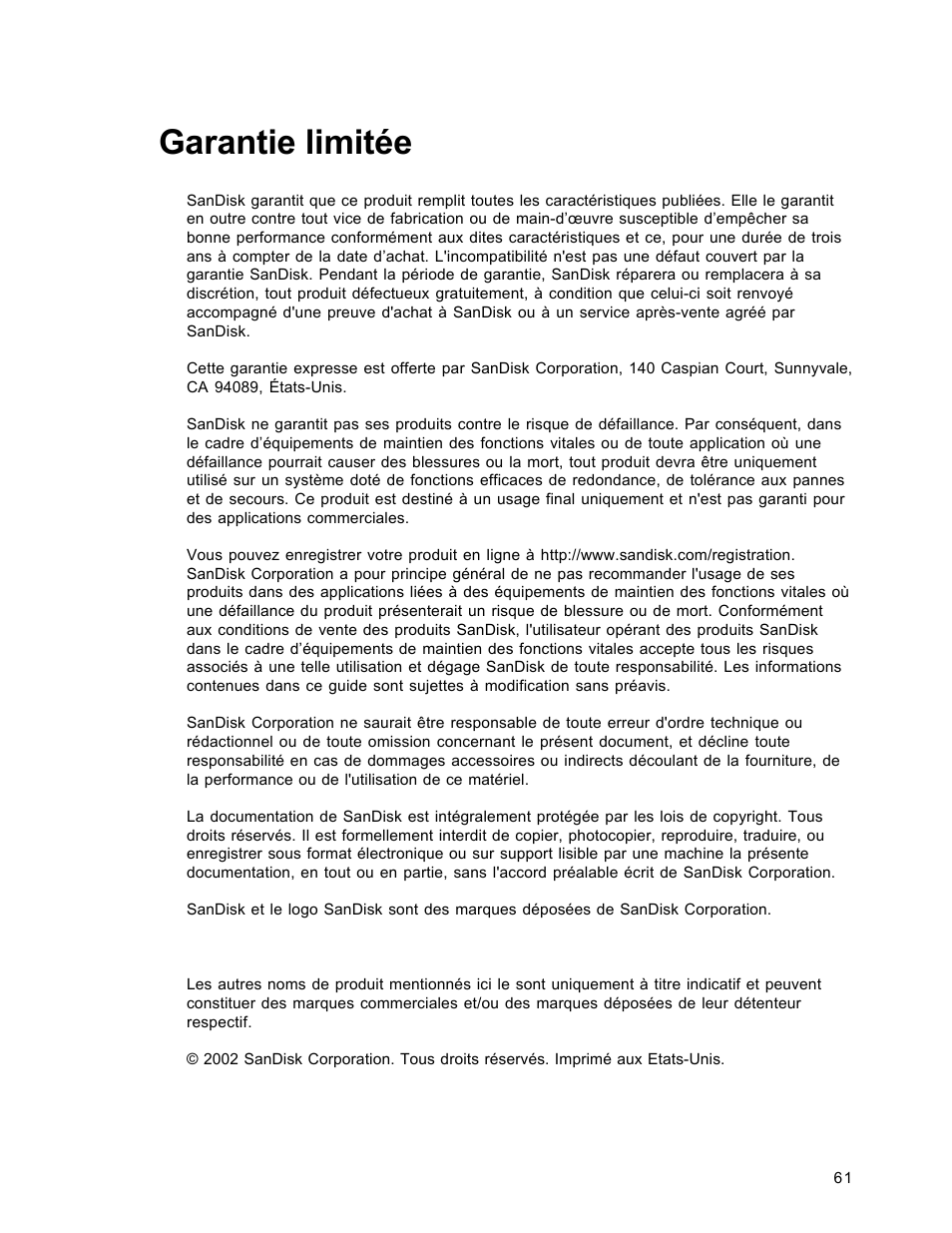 Garantie limitée | SanDisk Wireless LAN Card User Manual | Page 124 / 504