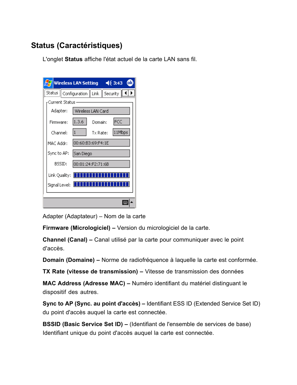 Status (caractéristiques) | SanDisk Wireless LAN Card User Manual | Page 143 / 504