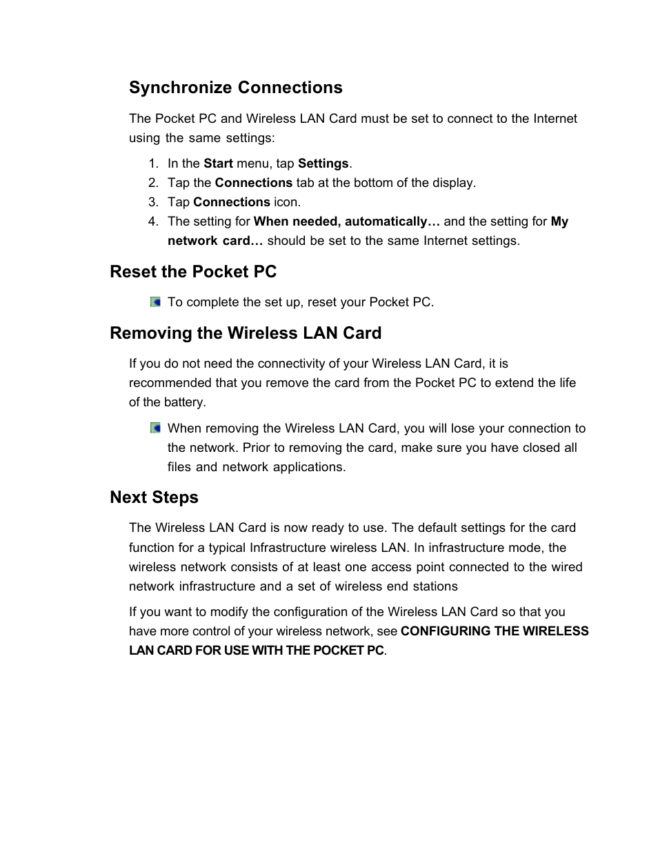Synchronize connections, Reset the pocket pc, Removing the wireless lan card | Next steps | SanDisk Wireless LAN Card User Manual | Page 15 / 504