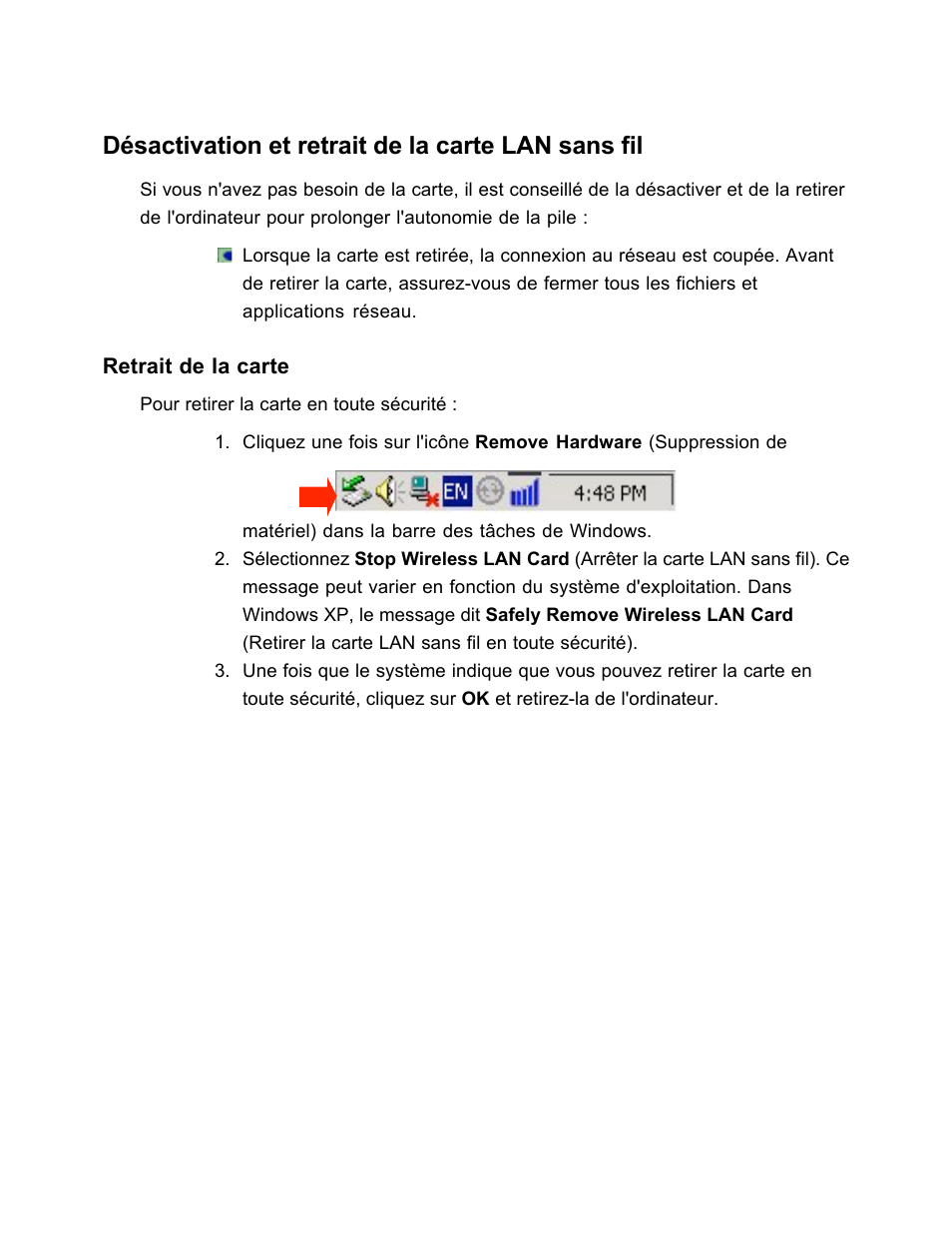 Désactivation et retrait de la carte lan sans fil | SanDisk Wireless LAN Card User Manual | Page 156 / 504