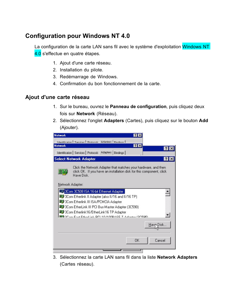 Configuration pour windows nt 4.0 | SanDisk Wireless LAN Card User Manual | Page 162 / 504