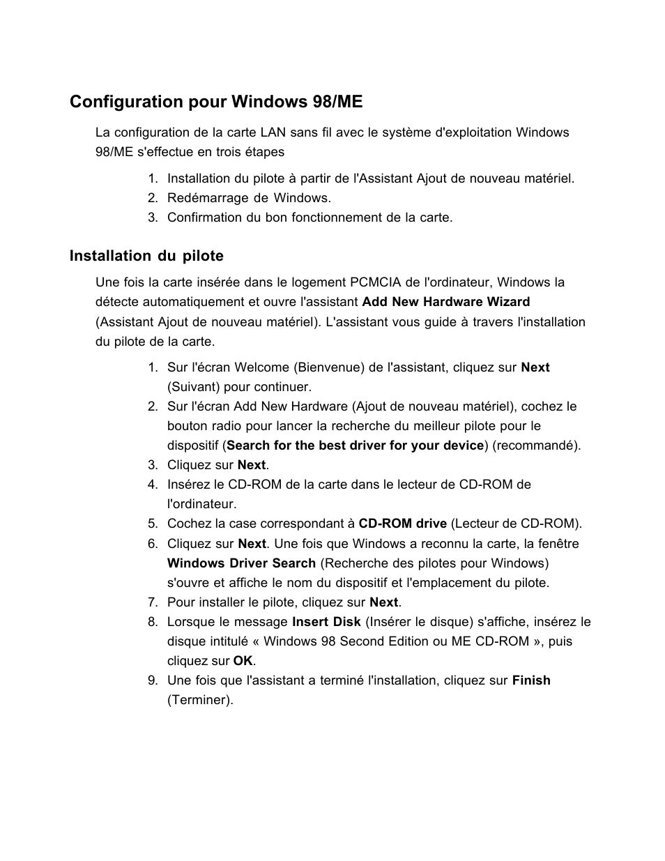 Configuration pour windows 98/me | SanDisk Wireless LAN Card User Manual | Page 165 / 504