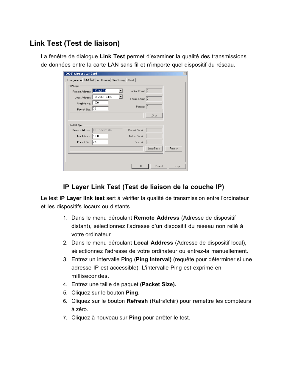 Link test (test de liaison) | SanDisk Wireless LAN Card User Manual | Page 183 / 504