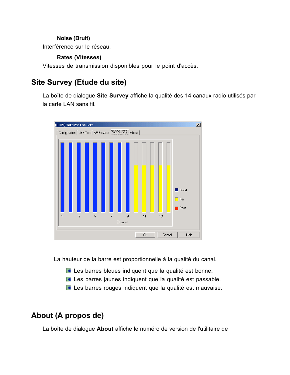 Site survey (etude du site), About (a propos de) | SanDisk Wireless LAN Card User Manual | Page 186 / 504