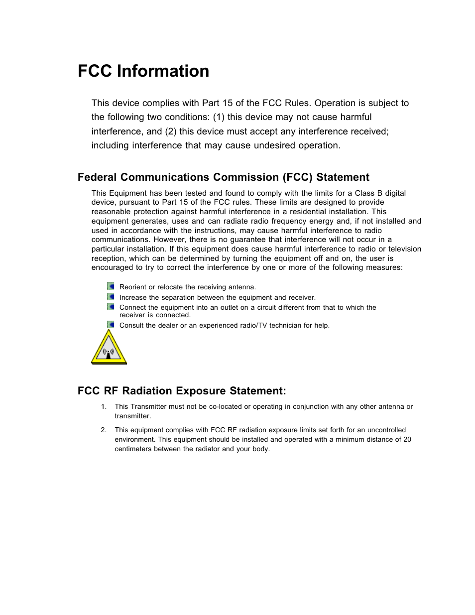 Fcc information, Federal communications commission (fcc) statement, Fcc rf radiation exposure statement | SanDisk Wireless LAN Card User Manual | Page 2 / 504