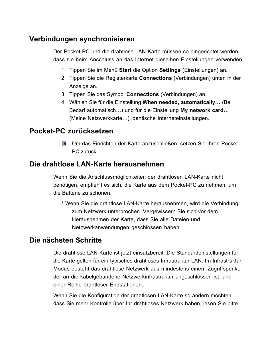 Verbindungen synchronisieren, Pocket-pc zurücksetzen, Die drahtlose lan-karte herausnehmen | Die nächsten schritte | SanDisk Wireless LAN Card User Manual | Page 205 / 504