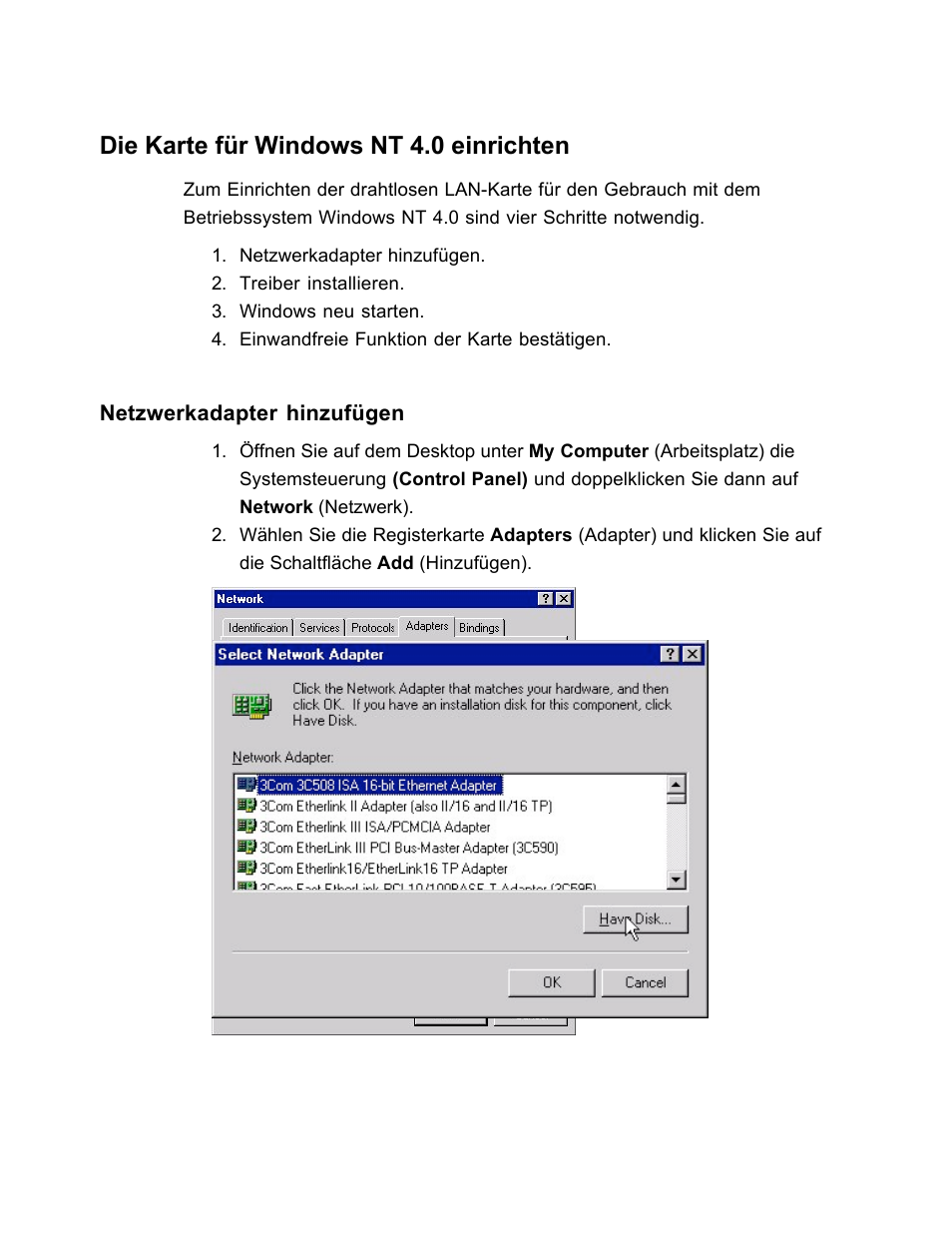 Die karte für windows nt 4.0 einrichten | SanDisk Wireless LAN Card User Manual | Page 226 / 504