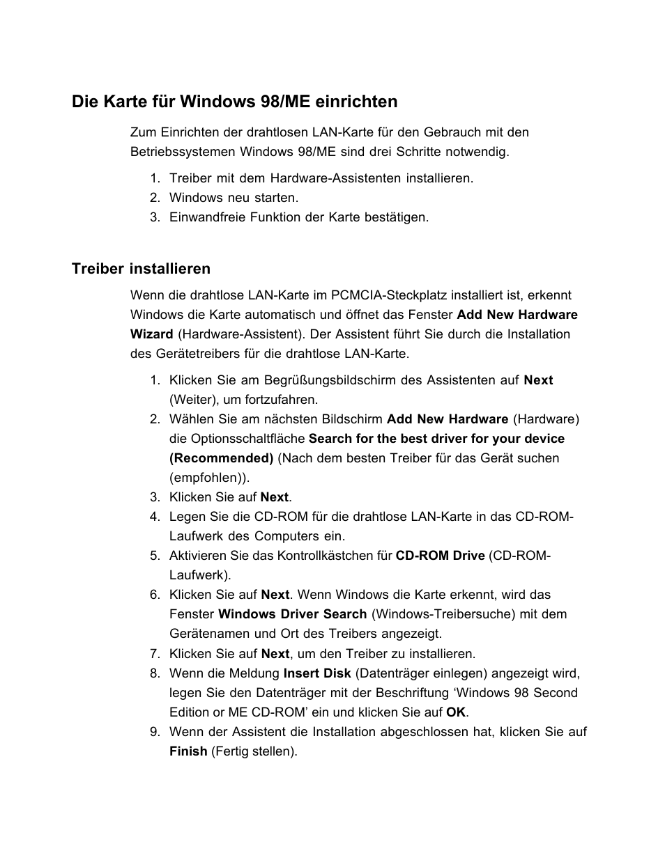 Die karte für windows 98/me einrichten | SanDisk Wireless LAN Card User Manual | Page 229 / 504