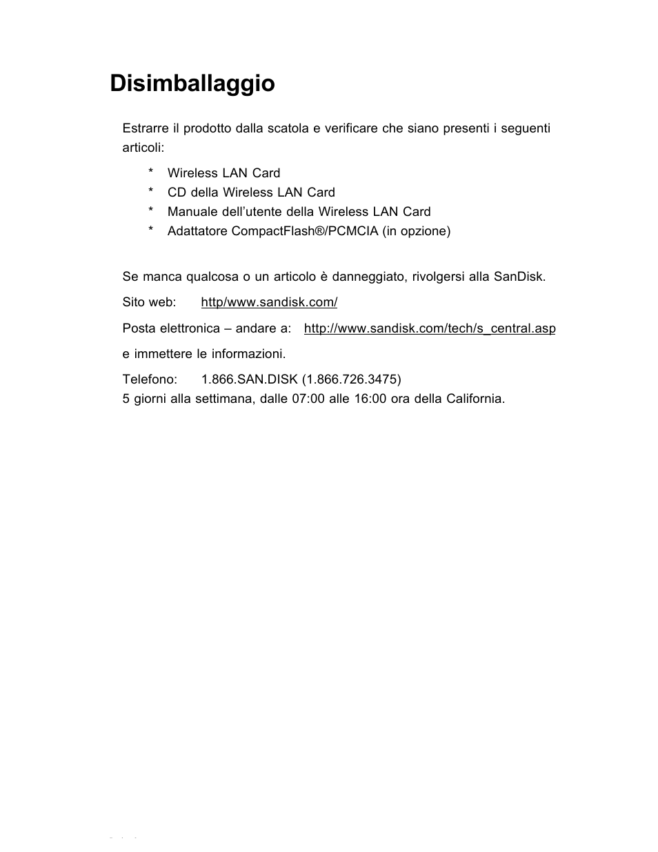 Disimballaggio | SanDisk Wireless LAN Card User Manual | Page 263 / 504