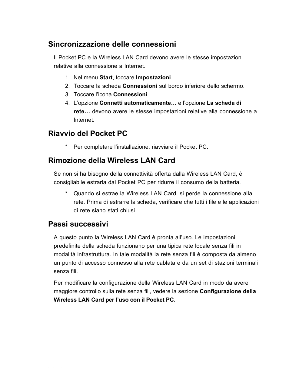 Sincronizzazione delle connessioni, Riavvio del pocket pc, Rimozione della wireless lan card | Passi successivi | SanDisk Wireless LAN Card User Manual | Page 271 / 504