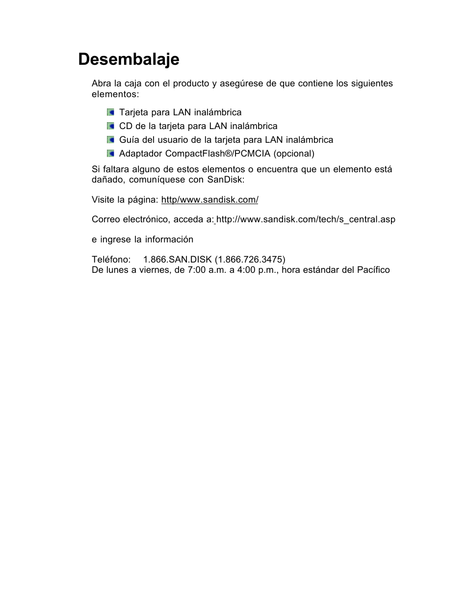 Desembalaje | SanDisk Wireless LAN Card User Manual | Page 328 / 504