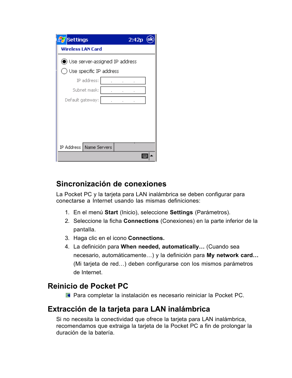 Sincronización de conexiones, Reinicio de pocket pc, Extracción de la tarjeta para lan inalámbrica | SanDisk Wireless LAN Card User Manual | Page 337 / 504