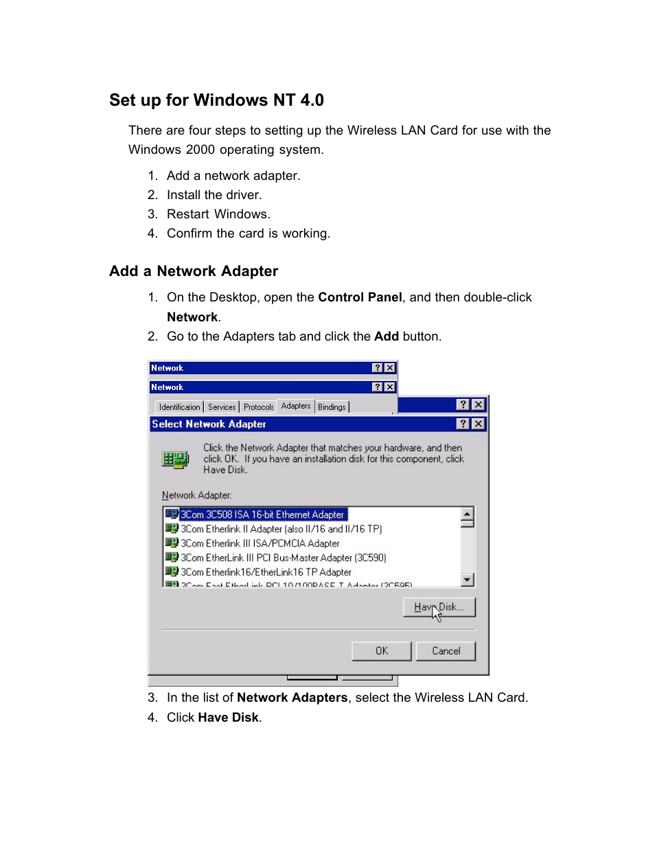 Set up for windows nt 4.0 | SanDisk Wireless LAN Card User Manual | Page 35 / 504